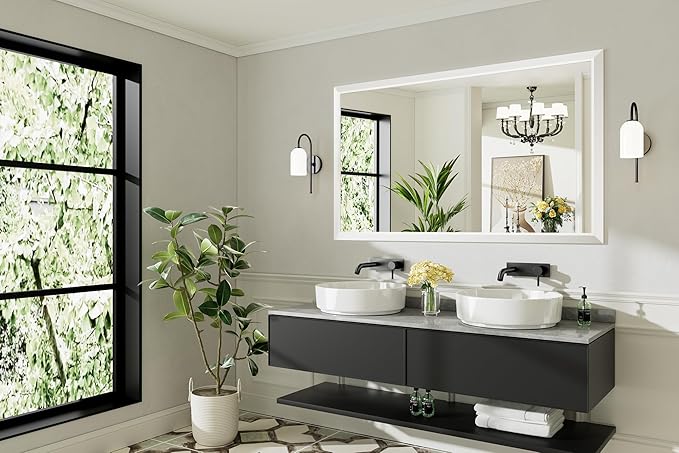 60x36 Inch White Bathroom Mirror for Wall, Thick Metal Framed Rectangle Mirrors for Over Sink, Bedroom, Living Room, Entryway, Anti-Rust, HD Tempered Glass