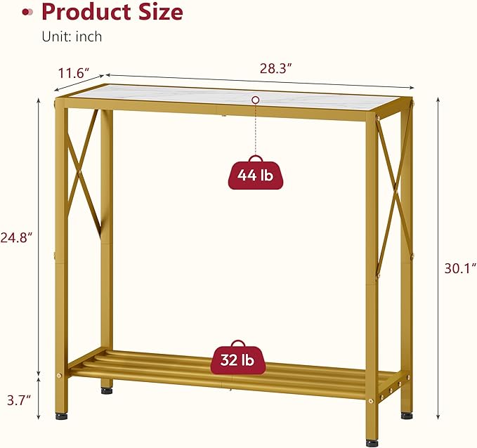 Tajsoon 28.3" Entryway Table, 2-Tier Small Consle Table for Entryway, Narrow Sofa Table with Shelves, Entrace Table for Hallway, Living Room, Corridor, Office, Gold & White