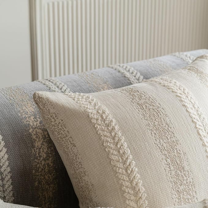 Pack of 1 Decorative Throw Pillow Covers 12x20 Inch, Pillow Cases for Living Room Couch Bedroom Farmhouse Home Decor, Soft Stripe Chenille Cushion Covers for Sofa Beige,12''x20''