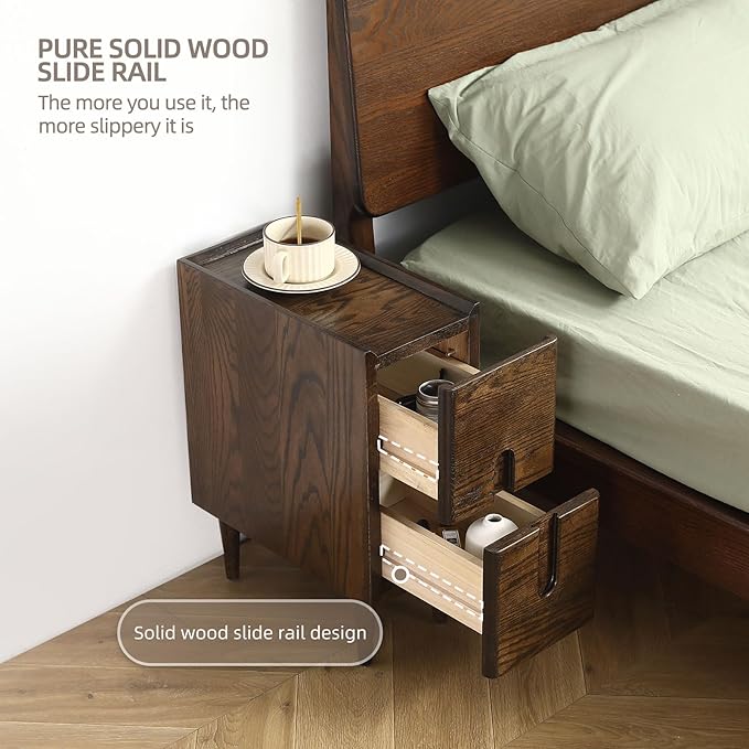 Solid Wood Bedside Table Nightstands, Slim Narrow Oak Real Wooden Mid-Century Modern End Table with Drawers Luxury Side Table Durable Cabinet Organizer Furniture, Natural Color 9.84in Wide