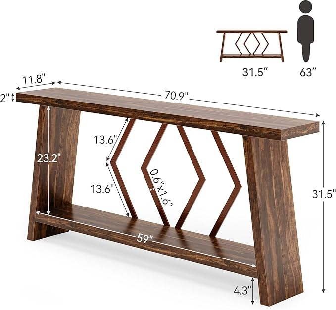 LITTLE TREE 70.9-Inch Console Table, Long Sofa Table Behind Couch, Farmhouse Console with Shelf for Entryway, Living Room, Hallway