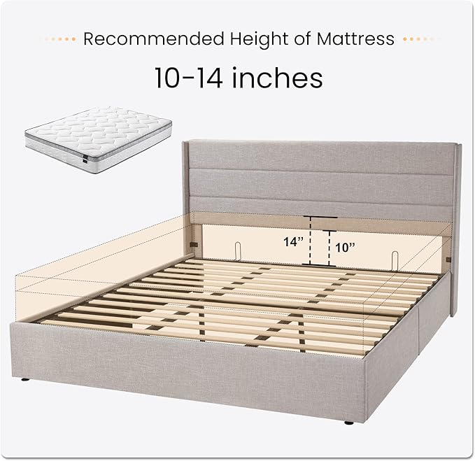 SHA CERLIN King Size Lift Up Storage Bed/Modern Wingback Headboard/Upholstered Platform Bed Frame/Hydraulic Storage/No Box Spring Needed/Wood Slats Support/Light Beige