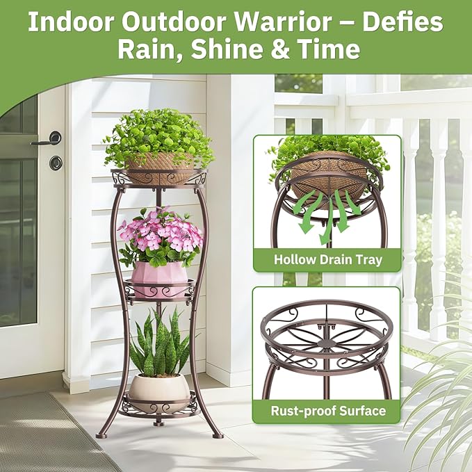 KMOTASUO 3 Tier Tall Plant Stand Indoor Outdoor for Large Planter, Multiple Level Flower Holder Organizer Rack for Patio Office Bathroom Corner, Sturdy Heavy Duty Metal, Vertical Display, Bronze