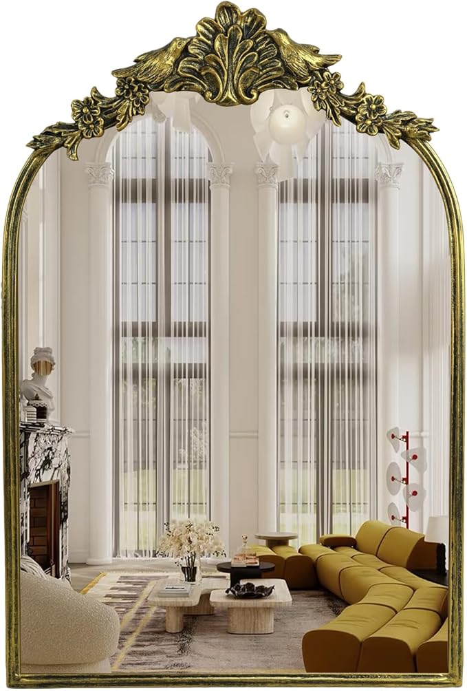 Retro Palace Style Mirror, Antique French Retro Arch Mirror, Suitable for Bathroom, Living Room, Bedroom, Fireplace, Corridor，Can be Used for Decoration