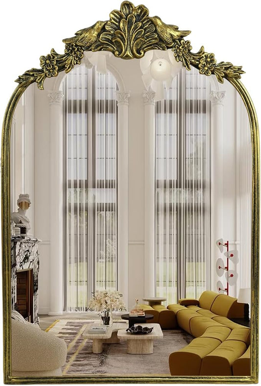 Retro Palace Style Mirror, Antique French Retro Arch Mirror, Suitable for Bathroom, Living Room, Bedroom, Fireplace, Corridor，Can be Used for Decoration