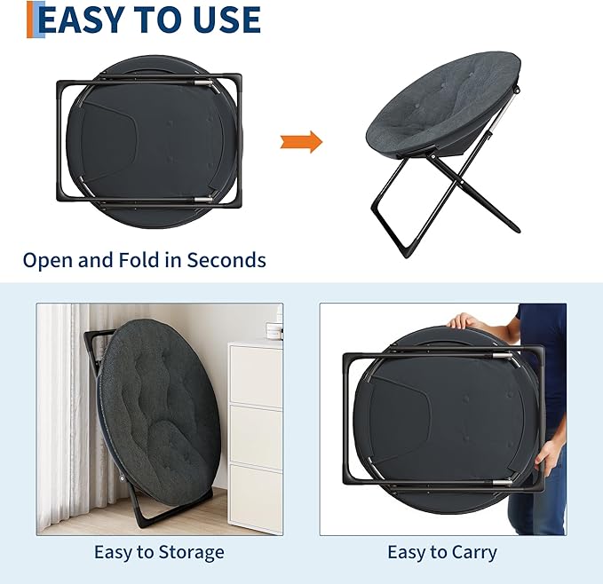 Saucer Chair with Faux Fur Cover - Foldable Moon Chair for Teens & Adults, Large Circle Seat Perfect for Bedroom, Living Room & Playroom, Soft Gaming Chair for Compact Spaces, Gray