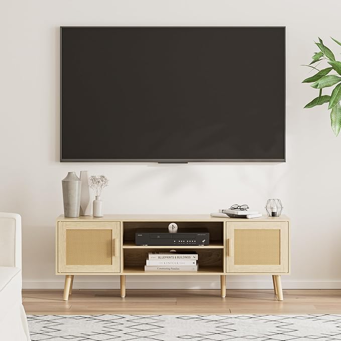 TV Stand for 55-65inch TV, Rattan Entertainment Center with Soft Hinge Door,TV Console Table with 2 Cabinets with Gold Handle and Feet,for Living Room, Bedroom, Natural