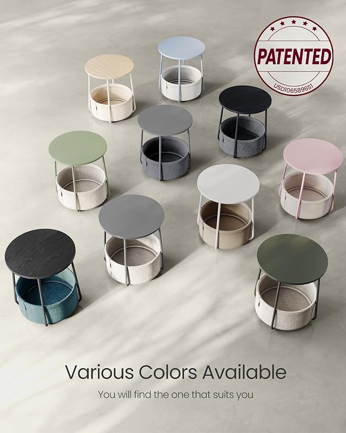 VASAGLE Small Round Side End Table, Modern Nightstand with Fabric Basket, Cream White ULET223K67