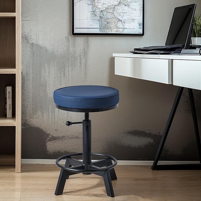 Vintage Short Bar Stools Industrial Swivel Counter Stools 17-24inch Height Adjustable Rustic Leather PU Seat Chairs for Kitchen Island Extra Seat Beside Sofa (Dark Blue)