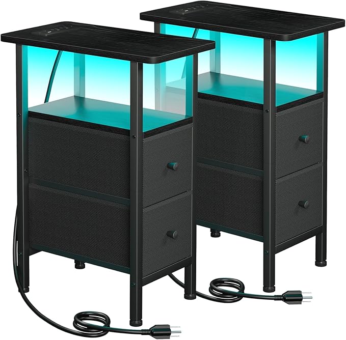 Narrow End Tables Living Room Set of 2 with Charging Station, Skinny Side Table with Fabric Drawers, Slim LED Nightstand for Bedroom, Small Spaces, Couch, Black, HETNDP02LBK