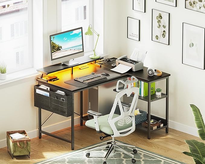 ODK 48 Inch Gaming Desk with USB Charging Ports and LED Lights, Reversible L Shaped Computer Desk with Storage Shelves & Monitor Stand, Corner Gamer Desk Table with Power Outlets, Black