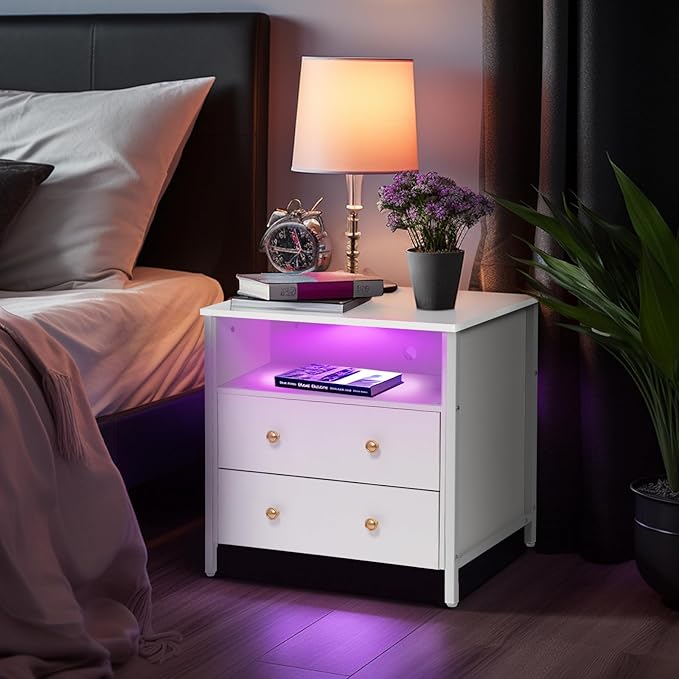 27 Inch Wide Night Stand, Large Wood Night Stand with 2 Drawers, LED Nightstand with Charging Station and Adjustable Drawer, Bedside Table for Living Room/Bedroom/Study/Office, White.