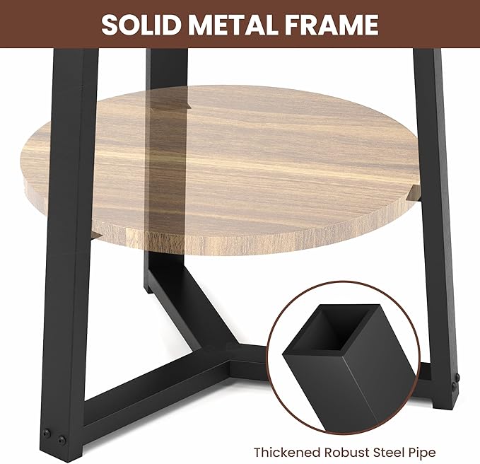 PPAMAPIC Round End Table, 2 Tier Side Table with Storage Shelf, Nightstand Accent Table for Living Room Bedroom Small Space, Black Metal Frame, 15.7" D x 19.7" H, Rustic Brown