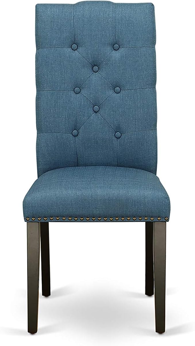 East West Furniture ELP1T21 Elsa Parson Kitchen Chairs - Button Tufted Nailhead Trim Blue Linen Fabric Upholstered Dining Chairs, Set of 2, Black
