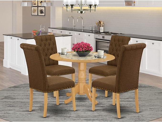East West Furniture DLBR5-OAK-18 5 Piece Dining Room Table Set Includes a Round Dining Table with Dropleaf and 4 Brown Linen Linen Fabric Upholstered Parson Chairs, 42x42 Inch, Oak