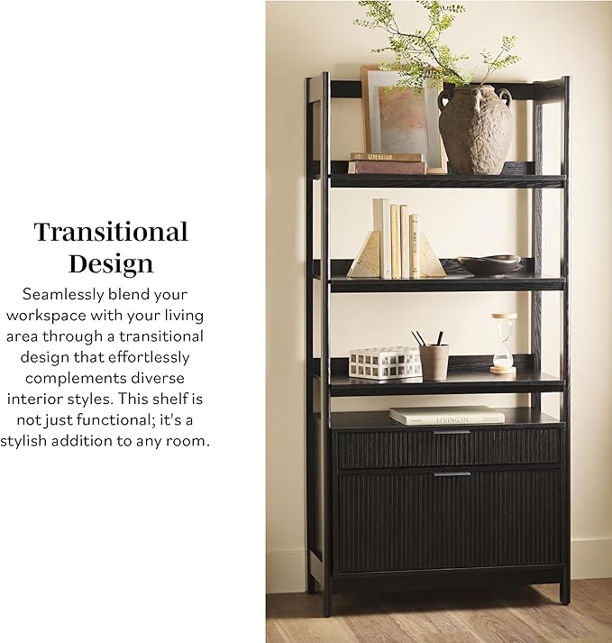 Walker Edison Transitional Open Reeded 4-Shelf Bookshelf with Drawers Versatile Bookcase with Bottom Storage for Home Office, Living Room, Bedroom, 33 Inch, Black