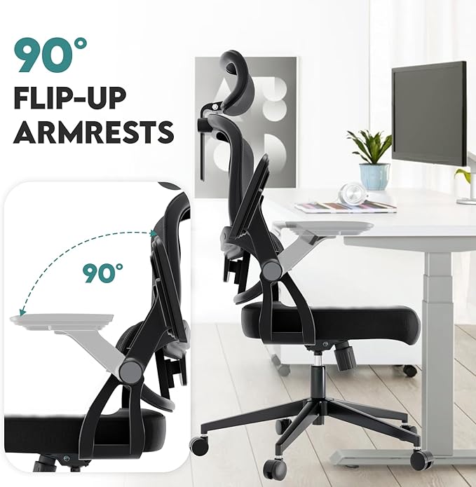 Office Chair Ergonomic Desk Chair with Lumbar Support&Headrest&Flip-up Arms Height Adjustable Rocking Swivel High Back Computer Chair Warm Taupe Mesh Study Chair (05Black)