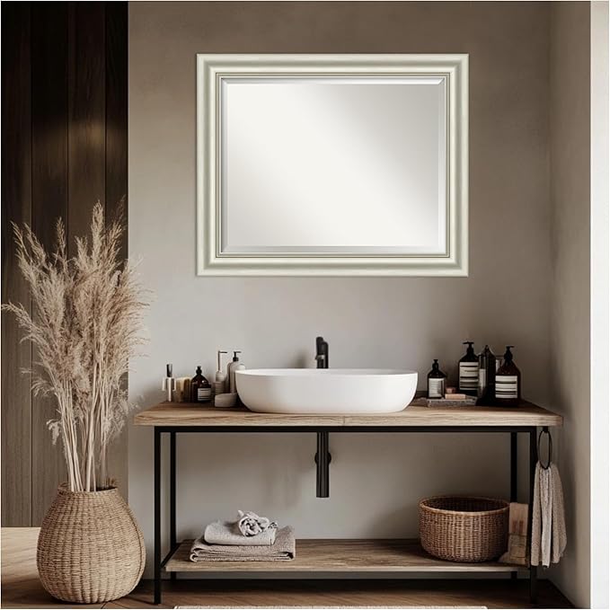 Amanti Art Bathroom Mirror for Over Sink, 28x34 Sophia Silver Rectangle Vanity Mirror, Large Traditional Frame, Hangs Horizonally and Vertically, Bathroom Wall Decor, Beveled Edge