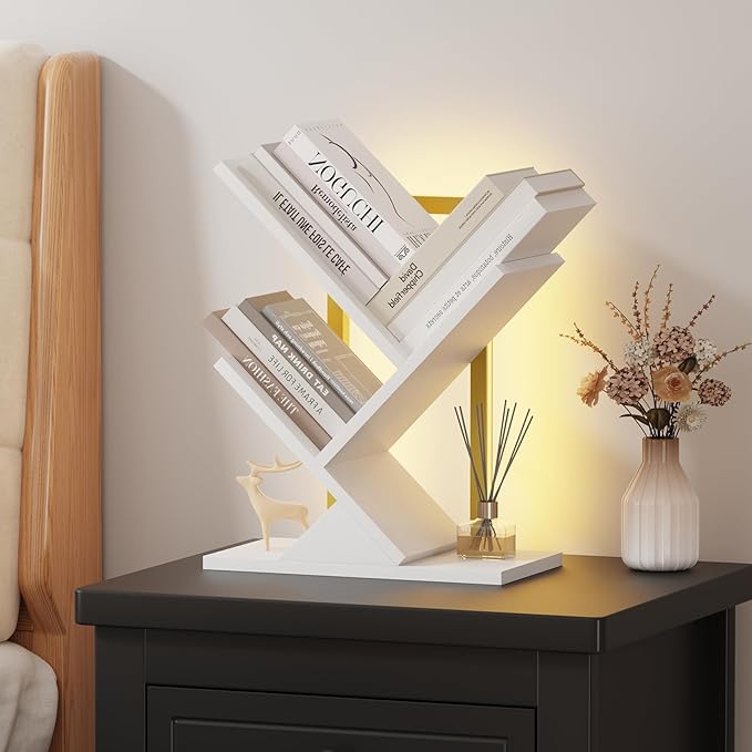 Tree Bookshelf with LED Lights, 3 Tier Floor Standing Bookcase, Classical Corner Shelf Kids Bookshelf, Tall Wood Book Storage for Bedroom, Living Room, Home Office, White