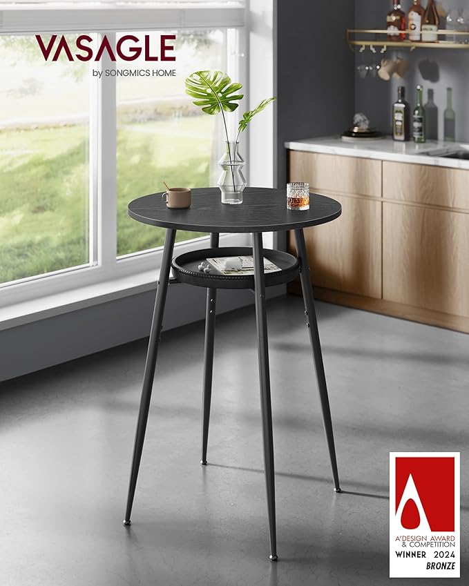 VASAGLE EKHO Collection - Bar Table with Storage, Round High Pub Table, Synthetic Leather with Stitching, Mid-Century Modern, Kitchen Home Bar, Living Room, Easy Assembly, Ebony Black and Ink Black