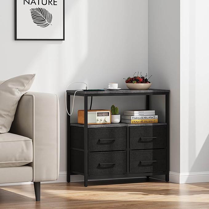 TUTOTAK Large Night Stand with Charging Station, Nightstand with USB and Type-C Port, Bedside Table with Cloth Drawers, End Table for Livingroom, Bedroom, Charcoal Grey TB01BY081
