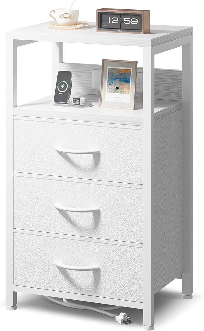 NightStand Bedside Charging Table Bedroom - White Night Stand with Charger Station, USB-C USB Ports & AC Outlets for Dorm, Living Room, Modern End Table with Open Shelf & 3 Fabric Drawers