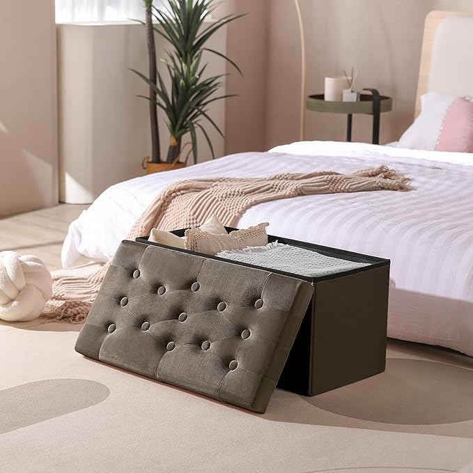 PRANDOM Extra Large Ottoman with Storage [1-Pack] Velvet Folding Small Square Foot Stool with Lid for Living Room Bedroom Coffee Table Dorm Dark Coffee 30.5x15x15 inches