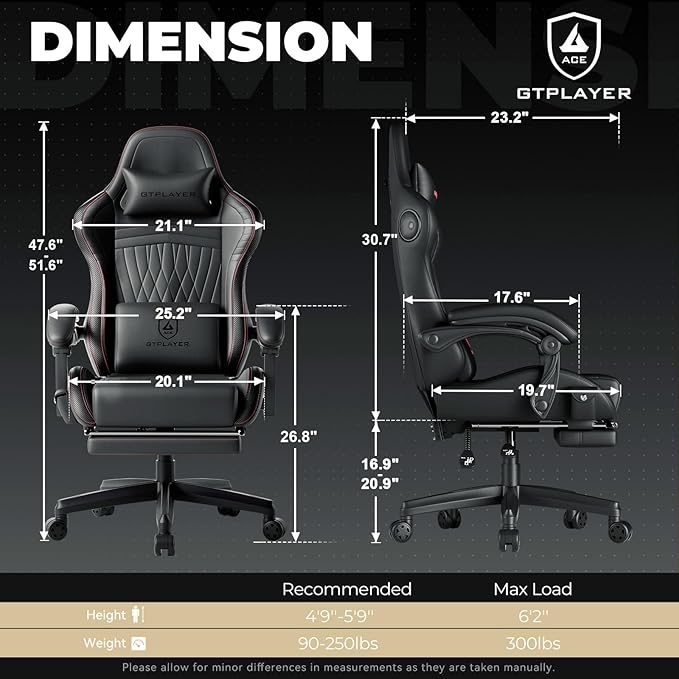 GTPLAYER ACE-PRO Music Gaming Chairs – Built-in Speakers, App Support & Bluetooth Control, Footrest & Pocket, Gamer Chair for Adults, Black & Red Stitch