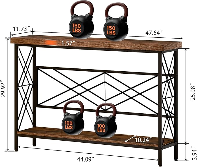 Industrial Console Table for Entryway, Rustic Console Table Behind Couch, 2 Tier Sofa Tables for Home Living Room, Hallway, Entrance, with Metal Frame(48 inches)