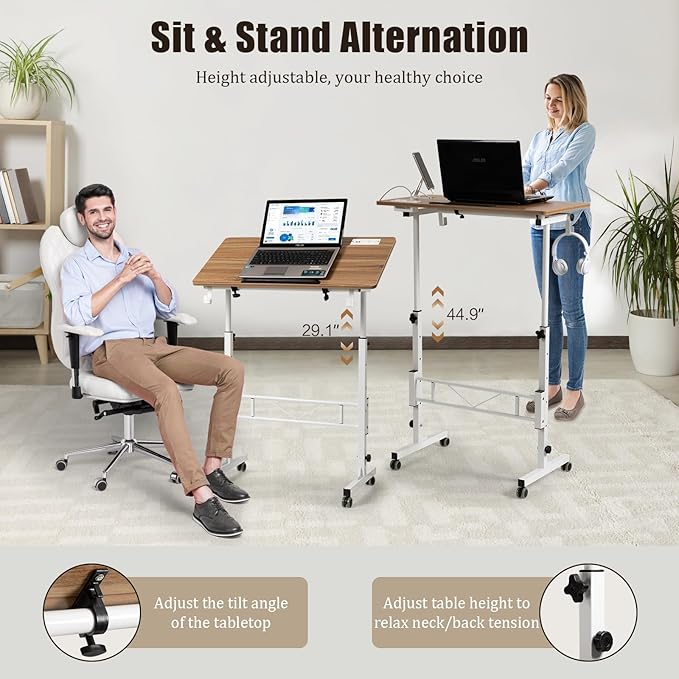 SIDUCAL Standing Desk Height Adjustable with Tiltable Tabletop, Rolling Laptop Desk with Charging Station, Sit Stand Portable Stand Up Desk with Wheels, Vintage Oak