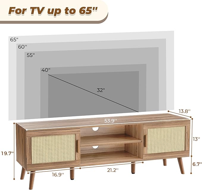 SUPERJARE Boho TV Stand for 65 Inch TV, Entertainment Center with Adjustable Shelf, Rattan TV Console with 2 Cabinets, Media Console, Solid Wood Feet, 4 Cord Holes, for Living Room, Walnut