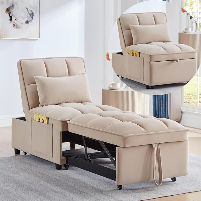 KEIKI Velvet Single Convertible Sleeper Chair Sofa Bed with Adjustable Backrest, Pillows & Storage Pockets, 3 in 1 Pull-Out Couch Chaise Lounge Recliner for Living Room Balcony Bedroom, Taupe