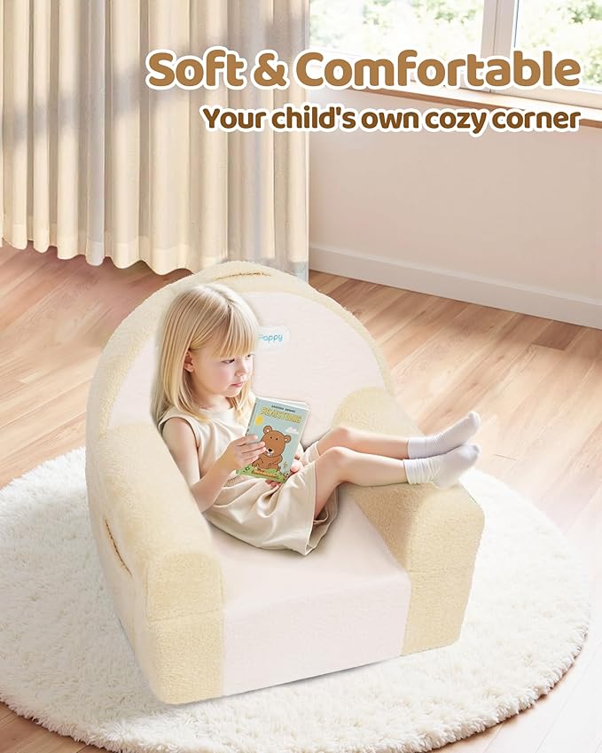 Toddler Chair, Comfy Foam Kids Couch with Soft Velvet Cover, Toddler Couch for Gaming and Studying, Kids Sofa That Fits Nicely with Any Modern Decor, Beige