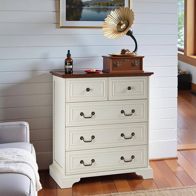 31.5" Farmhouse Sideboard Buffet Cabinet with Storage, Kitchen Buffet Storage Cabinet with 5 Drawers, Modern Wood Accent Sideboard for Living Room, Kitchen, Hallway(Antique Brown+White)