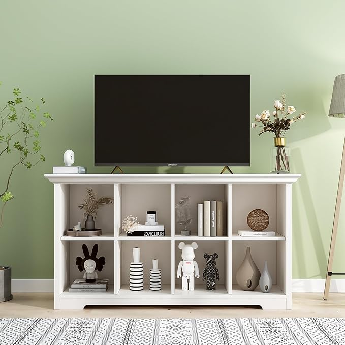 Cube Shelf Bookcase with Base - Wooden 2 Tiers Floor Standing Low Storage Cabinet for Home and Office, 8-Cube Lattice Bookshelf, Warm White