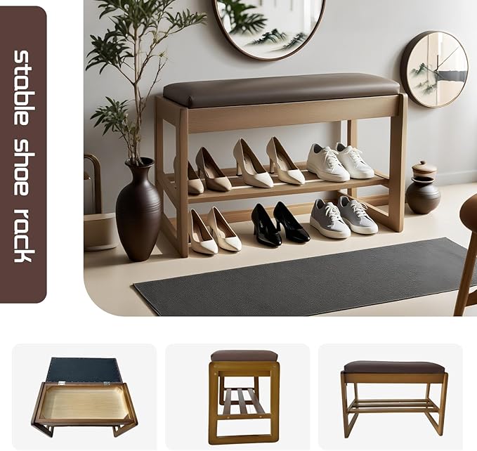 2-Tier Wood Shoe Bench with Flip-Top Storage Cabinet, 31.5", Entryway Bench with Shoe Storage, Front Door Shoe Rack（Walnut）