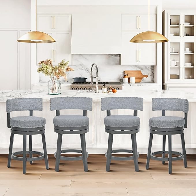 COLAMY Swivel Counter Height Bar Stools Set of 4, 25 Inch Modern Upholstered Kitchen Island Barstools with Back, Wood Swivel Bar Chairs for Counter Bar Dining Room, Grey