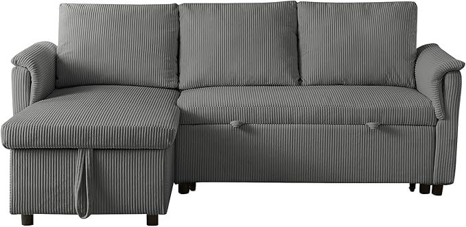 Ball & Cast Reversible Sectional Sofa Couch,L-Shape Sleeper Sofa Bed with Storage Chaise Pull Out Couch for Living Room | Hidden Storage | Pull Out Bed | Removable Backrest | Corduroy Fabric,Gray