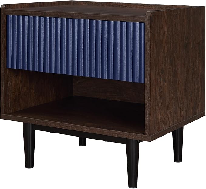 Manhattan Comfort Duane Modern Ribbed Nightstand, Bedside Table with Full Extension Drawer and Open Shelf, Industrial Chic Living Room and Bedroom Furniture, Navy Blue