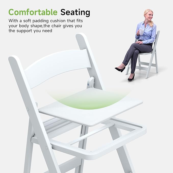 Real Relax White Resin Folding Chairs with Cushion - Comfortable Foldable Plastic Chair - Stackable Chairs with Padded Seats - Indoor/Outdoor Chairs for Events, 600lbs Capacity(60 Pack)