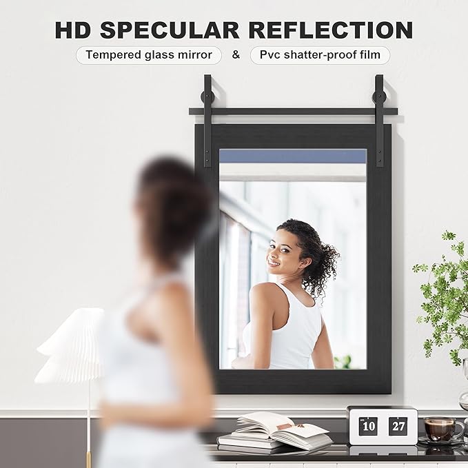 Hasipu Farmhouse Bathroom Mirror, 18"x26" Rustic Wood Framed Wall Mounted Mirror, Black Vintage Vanity Mirror Barn Door Style Decrative Mirrors