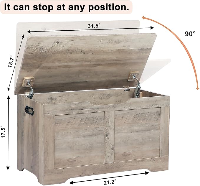 31.5" Storage Chest, Wooden Storage Bench, Lift Top Toy Chest with 2 Safety Hinges, Large Toy Box, Entryway Shoes Bench for Living Room, Bedroom, Grey