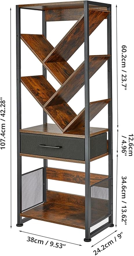 Bookshelf with Drawer,8 Tier Tree Bookcase Retro Floor Standing Bookshelves,Tall Wood Bookcases with Cabinet Storage Organizer for Living Room, Bedroom & Home Office, Classic