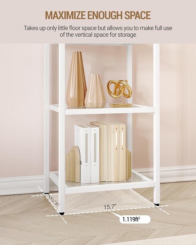Bookcase Bookshelf, Tempered Glass Bookshelves, Slim Shelving Unit for Bedroom, Bathroom, Home Office, Steel Frame, 5 Tier White BC05099W
