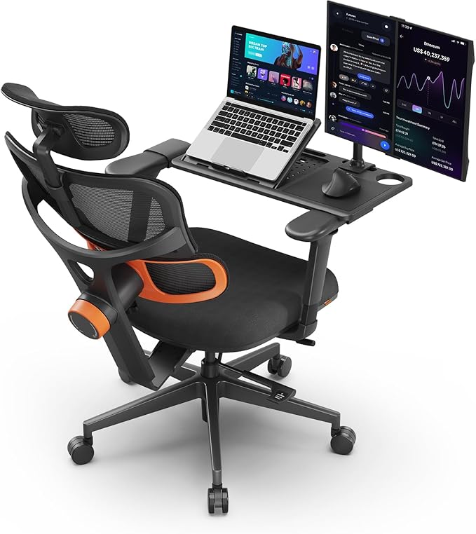 Newtral Ergonomic Office Chair - Home Office Desk Chair, Big and Tall Office Chair with Auto-Following Lumbar Support, Adjustable Seat Depth and Height (No Foot Rest + Laptop Table, Black)