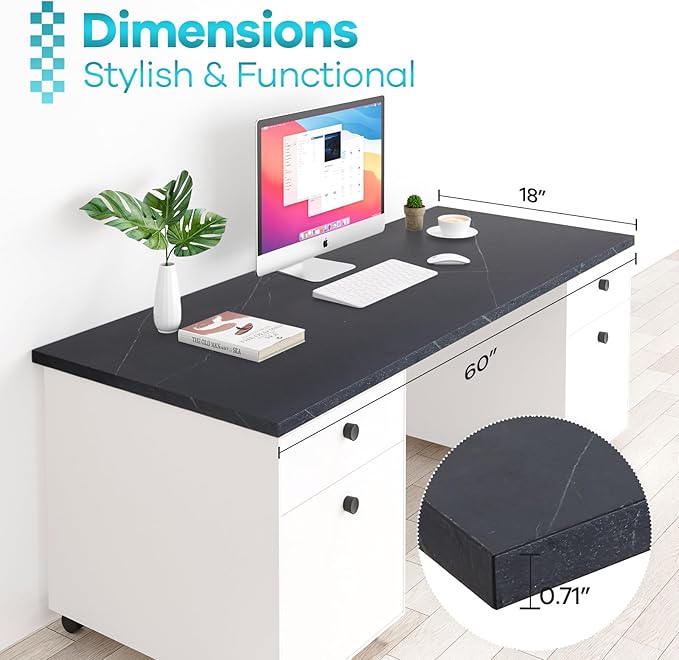Kaboon Universal Tabletop 60"x18", Solid One-Piece Melamine Table Top, Double Desk L-Desk DIY, Home and Office Countertop, Cloud Atlas/Black Marble