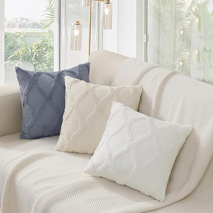 decorUhome Throw Pillow Covers 16x16 Inch Set of 2, Soft Plush Faux Fur Wool Blue Grey Couch Pillow Covers, Decorative Neutral Pillow Cases for Bed Sofa Living Room Home Decor