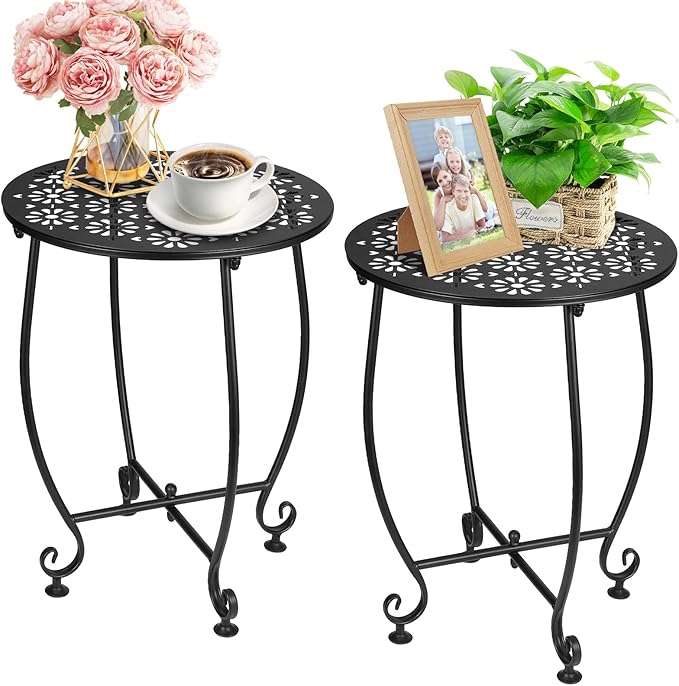 2 Pack 14 Inch Outdoor Side Table for Small Spaces, Patio Side Table,Plant Stand,Round Metal End Table for Patio,Yard Porch Balcony Garden