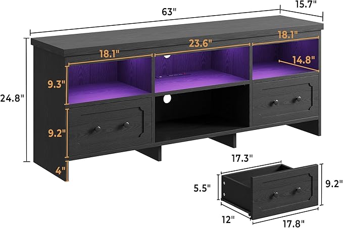 IRONCK TV Stand for 65 Inch TV, 63" LED Entertainment Center with Storage Cabinets, Power Outlets and Open Shelf, Media Console TV Cabinet with Drawers for Living Room, Black
