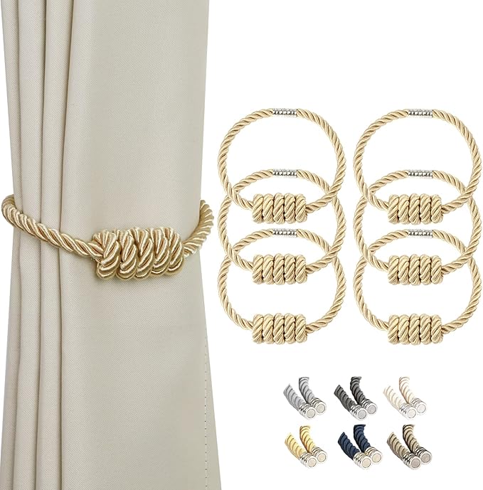 BEL AVENIR Magnetic Curtain Tiebacks, Decorative Drapery Holdbacks Modern Woven Tie-Backs with Exquisite Knot (Gold, 6 Pack)